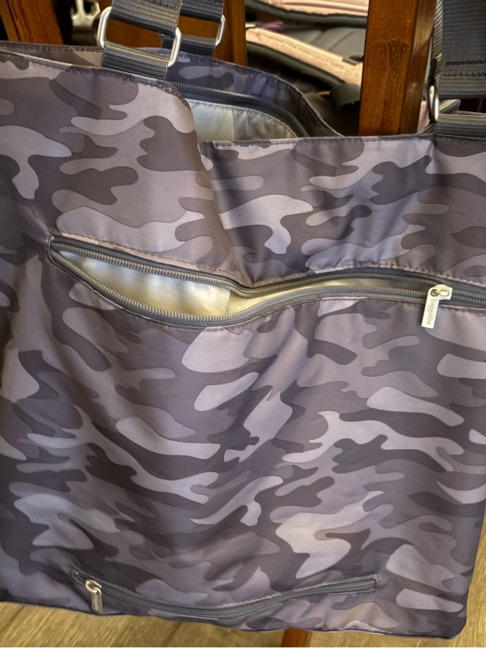 Baggallini Gray Camo Tote Bag with Exterior Zippers